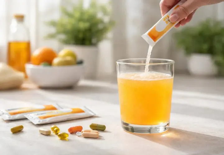 Un integratore in polvere viene versato in un bicchiere di succo arancione, con pillole e bustine sparse. Un modo per aumentare la dopamina.