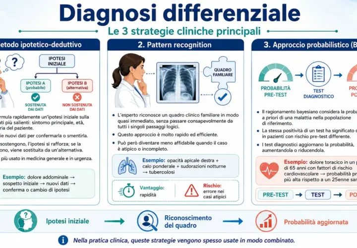 Le 3 strategie per la diagnosi differenziale: ipotetico-deduttiva, pattern recognition e bayesiana. Ogni metodo ha un significato specifico nel processo diagnostico.