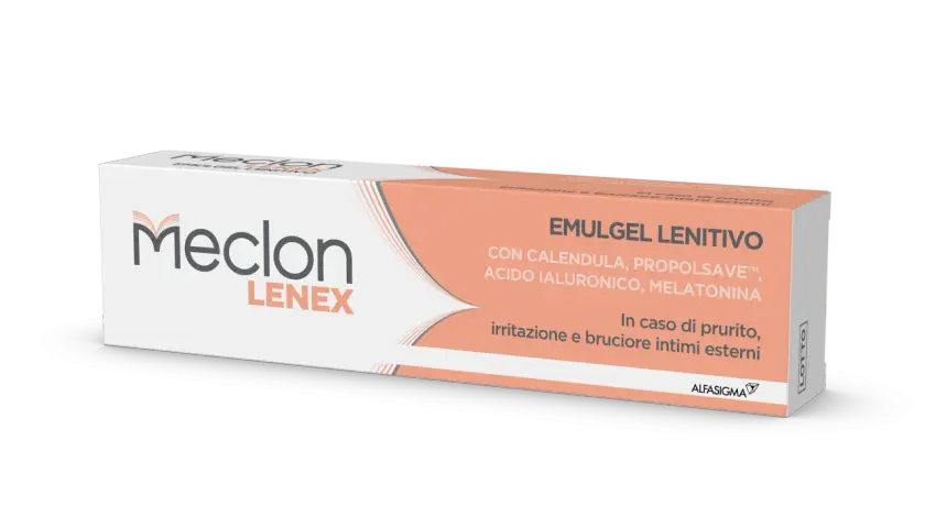 Meclon Lenex Emulgel Lenitivo, per prurito, irritazione e bruciore intimo da stress. Con calendula, propolsave, acido ialuronico e melatonina.