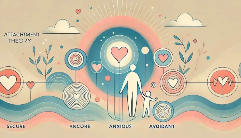 Teoria dell'attaccamento: un adulto e un bambino, con cuori stilizzati e cerchi concentrici, rappresentano stili come "secure", "ancore", "anxious" e "avoidant", illustrando l'attaccamento evitante.