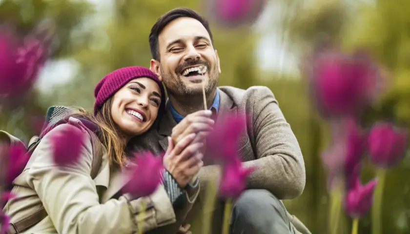 Coppia felice che ride tra i fiori. Un abbraccio sincero, un sorriso contagioso: ecco 15 segnali di una relazione sana.