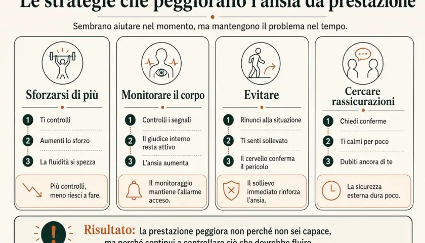 Strategie che peggiorano l'ansia da prestazione sessuale uomo: sforzarsi, monitorare, evitare, cercare rassicurazioni. Il risultato è un peggioramento.