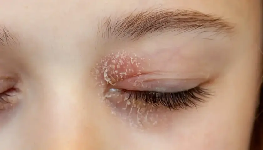 Occhi con palpebre arrossate e squamose, sintomo di blefarite da stress.