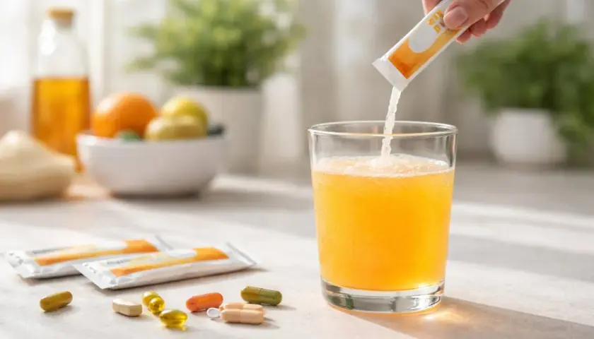 Un integratore in polvere viene versato in un bicchiere di succo arancione, con pillole e bustine sparse. Un modo per aumentare la dopamina.