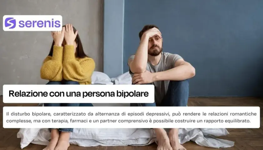 Coppia seduta a letto, uno copre il viso, l'altro con la mano sulla fronte. Immagine su come comportarsi con una persona bipolare.