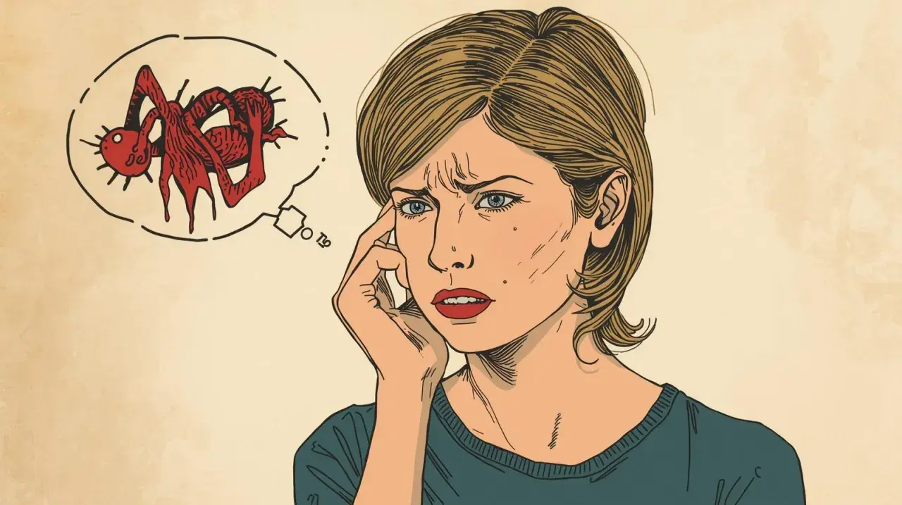 Donna pensierosa con un pensiero inquietante: un ragno rosso stilizzato, perché ho pensieri omicidi.