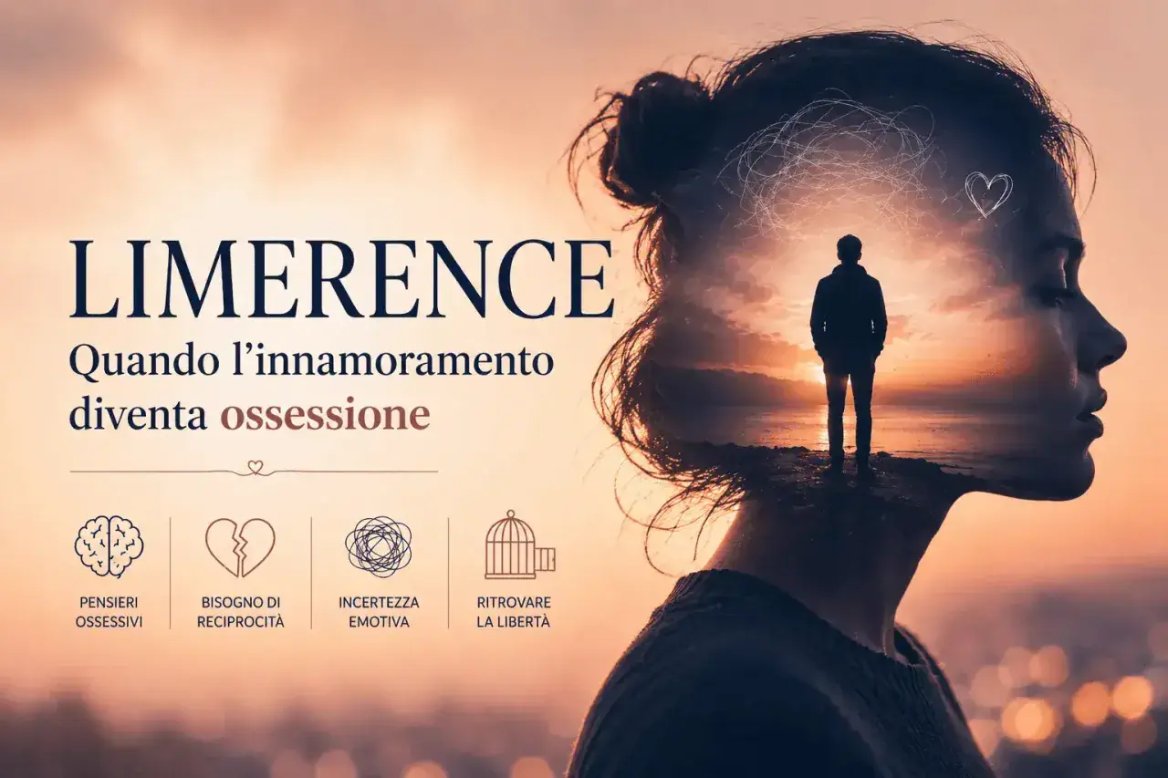 La silhouette di una donna con un uomo solitario al tramonto nella sua mente, simboleggia l'ossessione per una persona che non ti vuole.