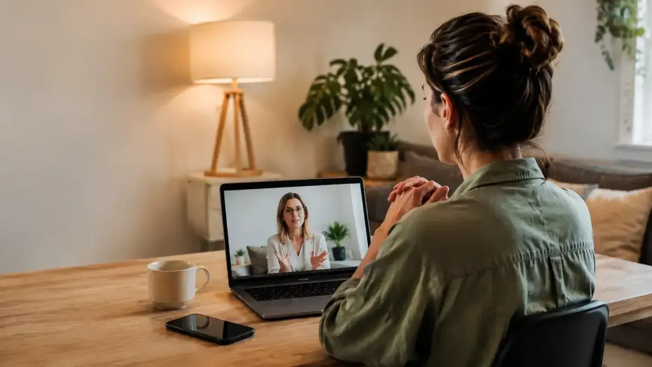 Donna in videochiamata con terapeuta, affronta la sua rejection sensitive dysphoria. Sul tavolo, tazza e smartphone.