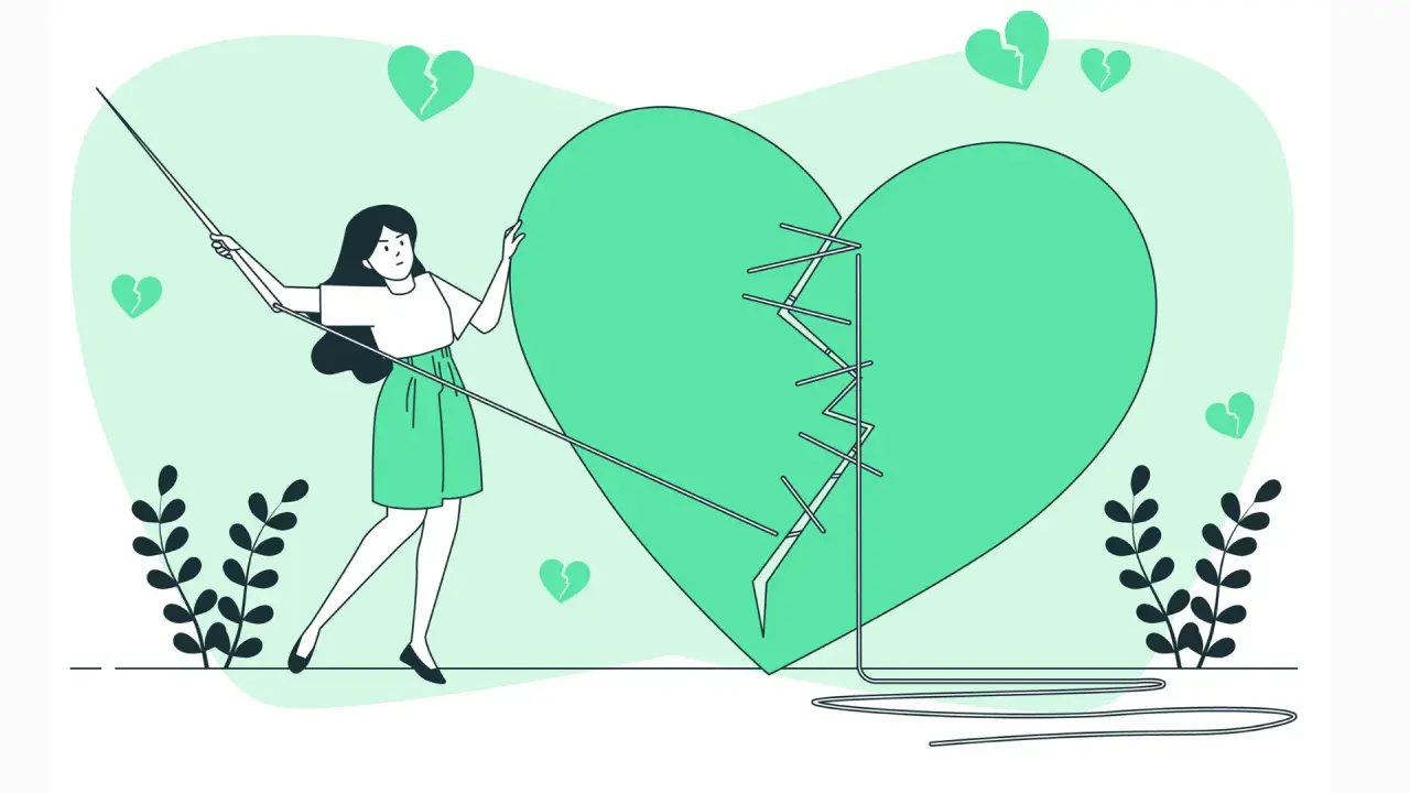 Una donna cuce un cuore spezzato, un simbolo di guarigione dopo relazioni difficili. Impara a riconoscere un narcisista per proteggerti.