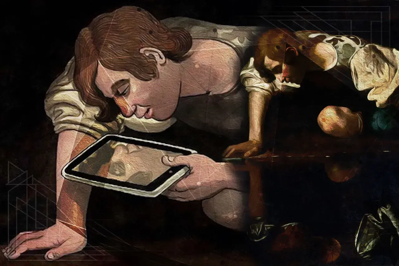 Donna narcisista bipolare, persa nel riflesso del suo tablet, tra luci e ombre che ne celano l'anima.