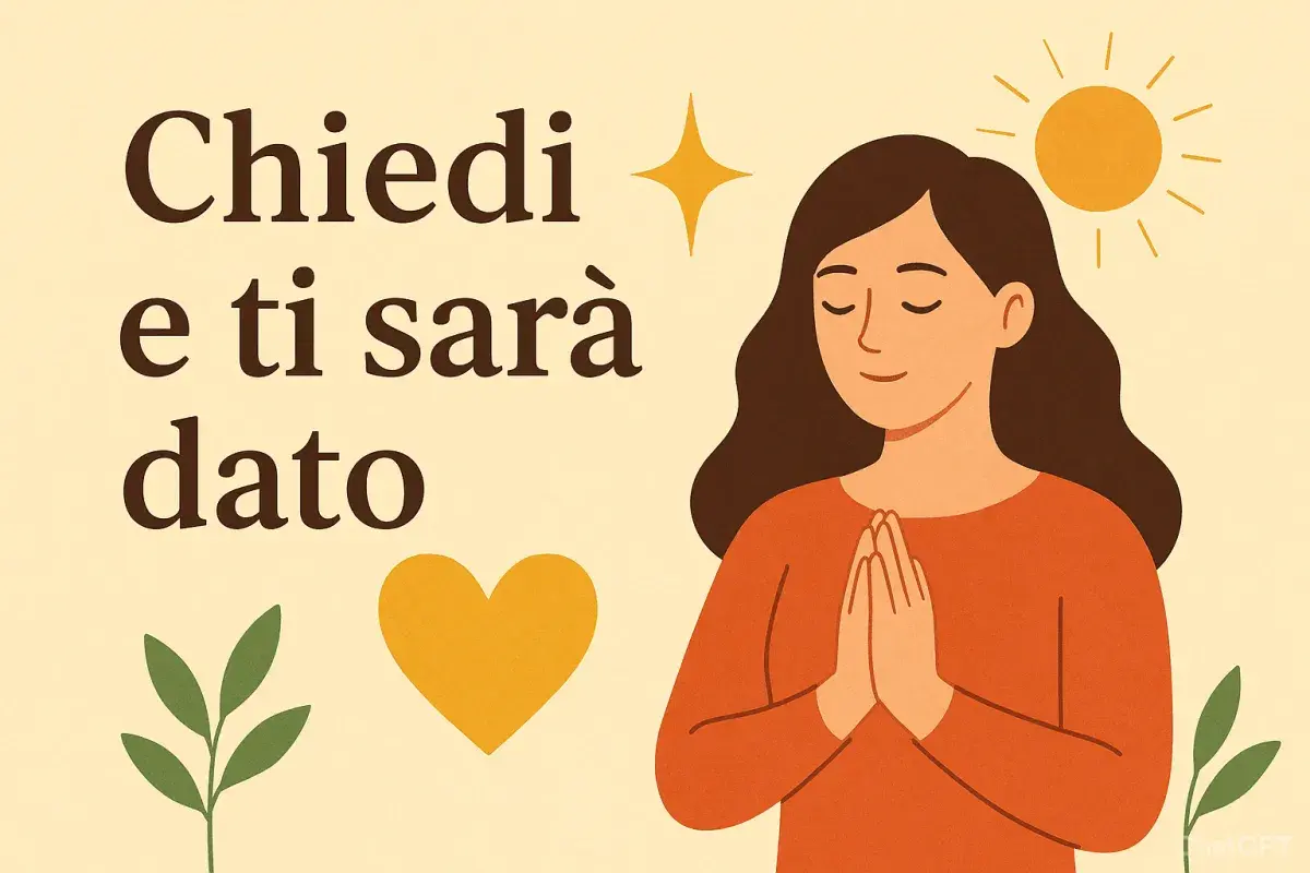 Una donna con le mani giunte in preghiera, circondata da simboli di speranza e amore. La scritta "Chiedi e ti sarà dato" ispira fiducia.