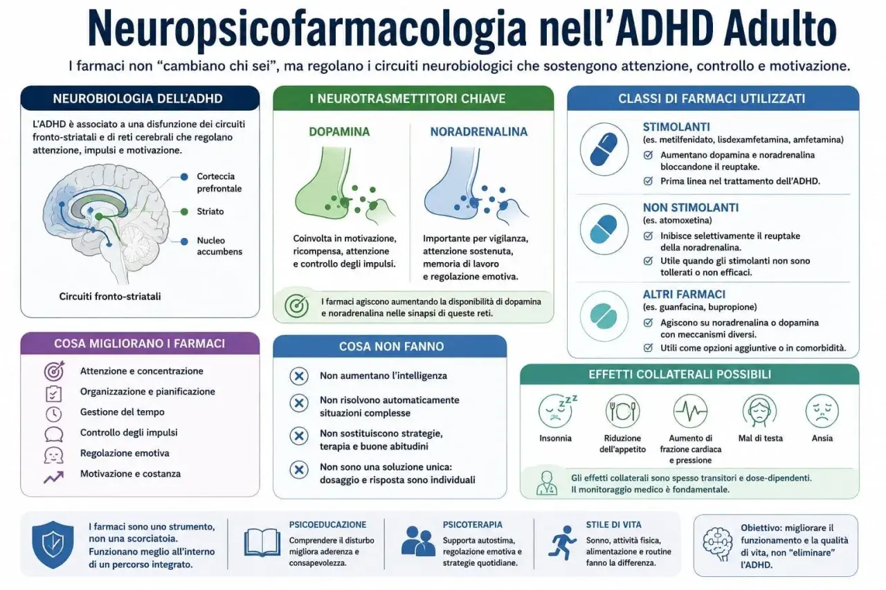 Grafico sull'ADHD adulto: neurobiologia, neurotrasmettitori, farmaci e terapie. Utile per chi ha un **adhd qi alto** e cerca soluzioni.