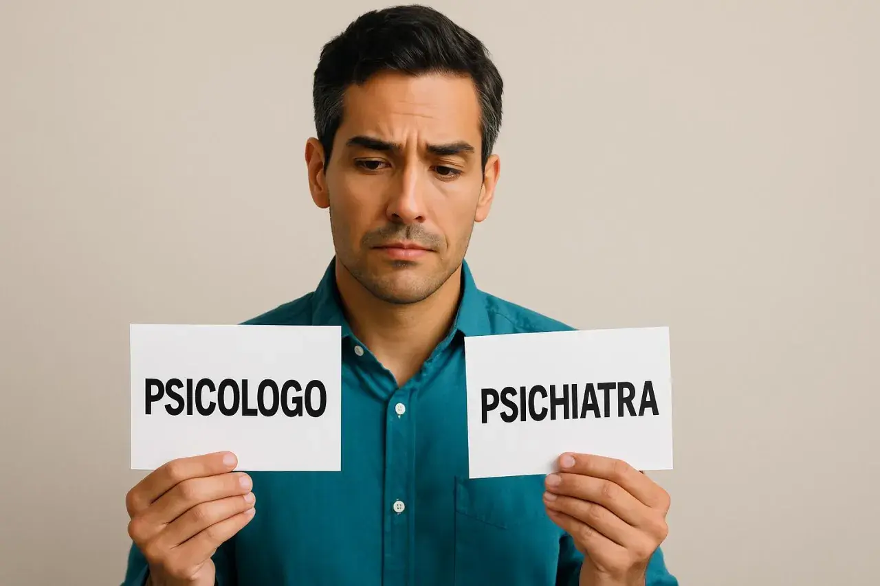 Uomo pensieroso con cartelli "Psicologo" e "Psichiatra", riflette sulla scelta per affrontare la depressione.