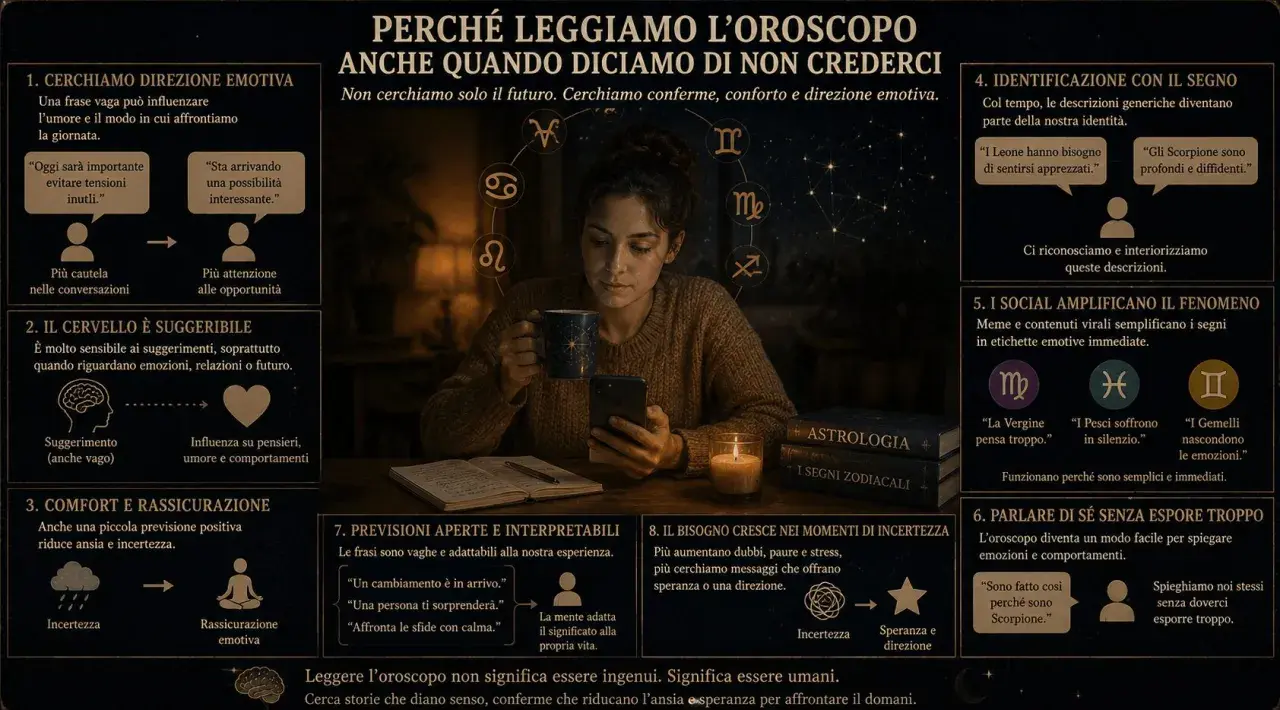 Donna con tazza e telefono, circondata da simboli zodiacali. Cerca conferme, conforto e direzione emotiva, segnali che una persona ti pensa intensamente.