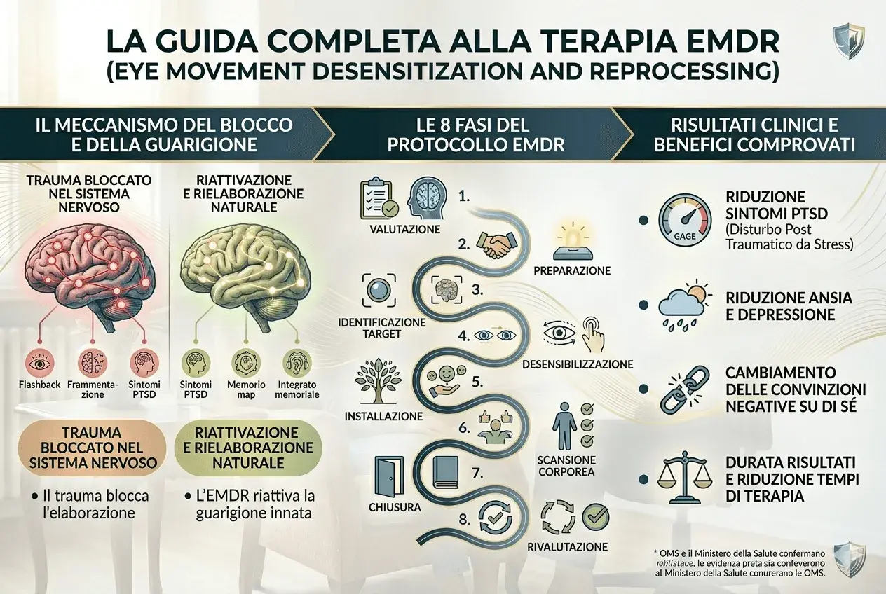 La terapia EMDR: cos'è? Illustra il meccanismo del blocco e della guarigione, le 8 fasi del protocollo e i benefici clinici.