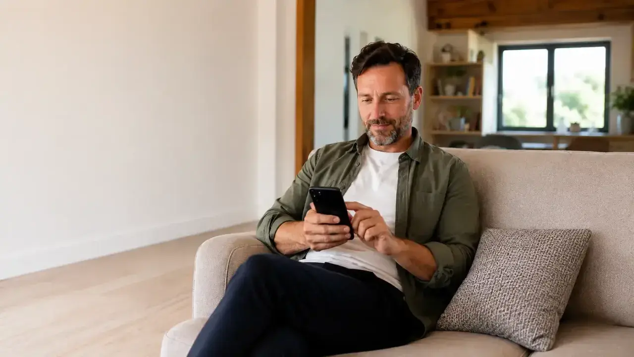 Uomo con ADHD adulto cerca informazioni su come gestire la sua condizione, navigando sul suo smartphone comodamente seduto sul divano.