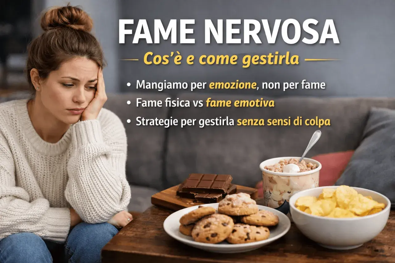 Donna pensierosa accanto a cibi tentatori. Immagine sul tema "Fame nervosa: cos'è e come gestirla".