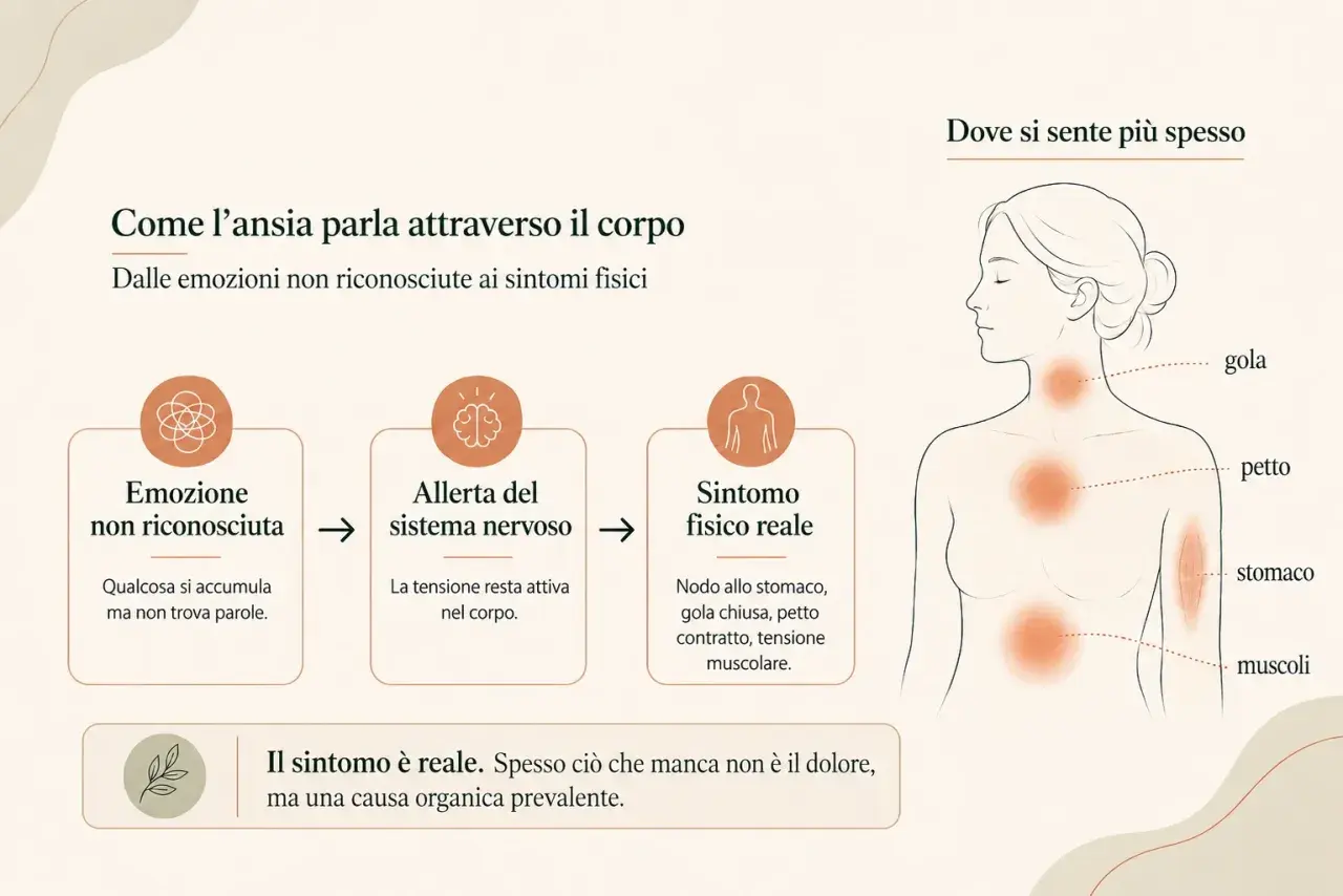 Schema che illustra come le emozioni non riconosciute causano allerta nervosa e sintomi fisici reali, come il disturbo di somatizzazione.