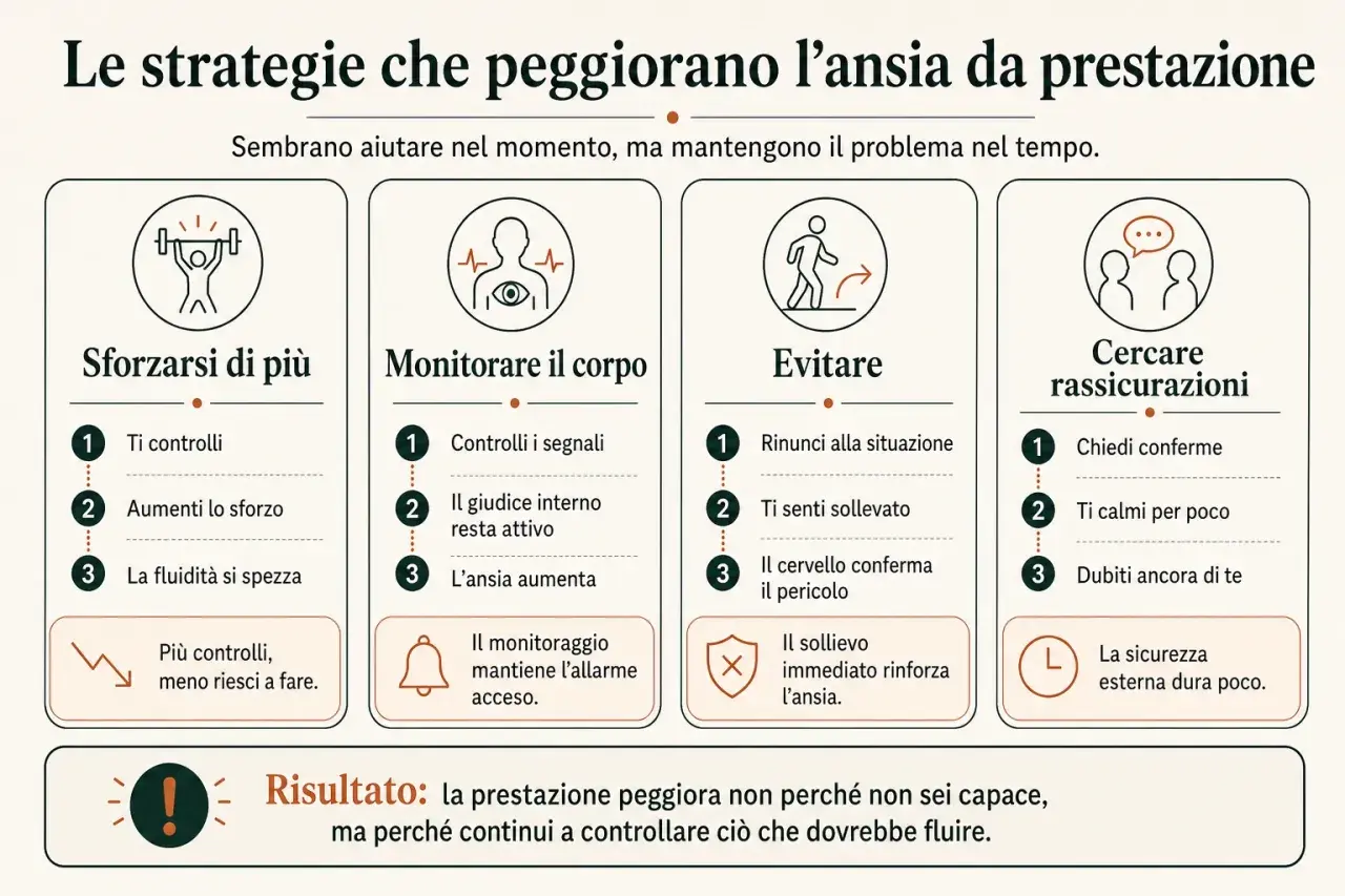 Strategie che peggiorano l'ansia da prestazione sessuale uomo: sforzarsi, monitorare, evitare, cercare rassicurazioni. Il risultato è un peggioramento.