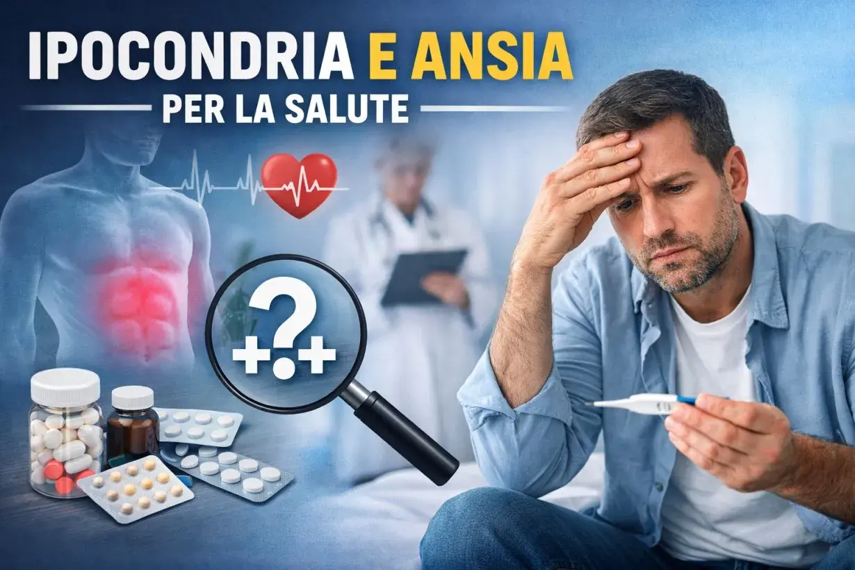 Uomo preoccupato con termometro, simbolo di ipocondriaco significato. Farmaci e lente d'ingrandimento suggeriscono ansia per la salute.