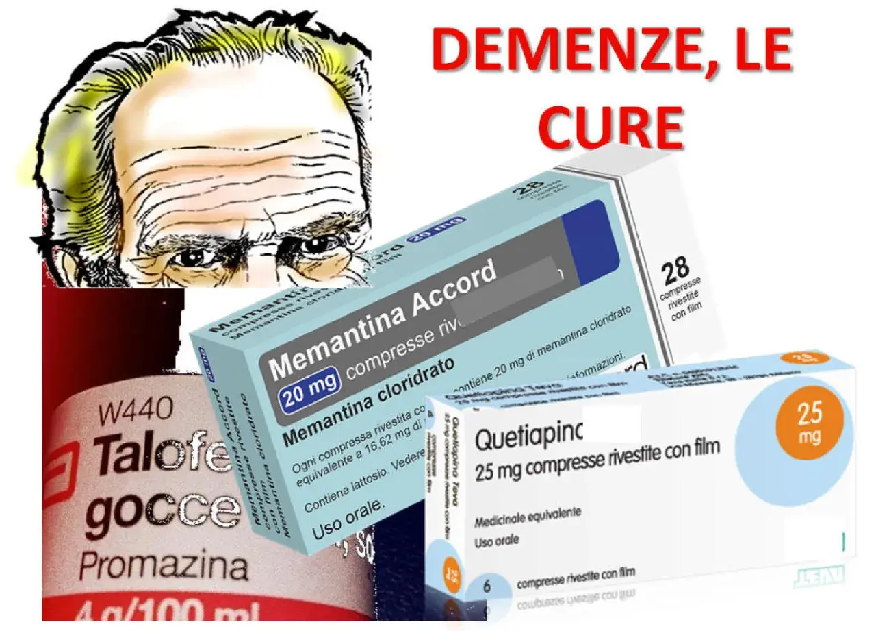 Volto anziano, scatole di farmaci per demenza: Memantina Accord, Quetiapinc e flacone di Talofen gocce.