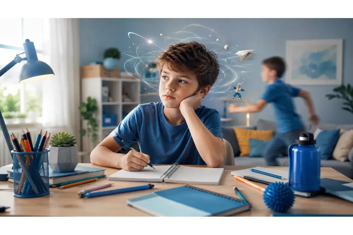 Bambino con ADHD e autismo lotta con i compiti, la mente piena di pensieri vorticosi e distrazioni. Un altro bambino corre sullo sfondo.