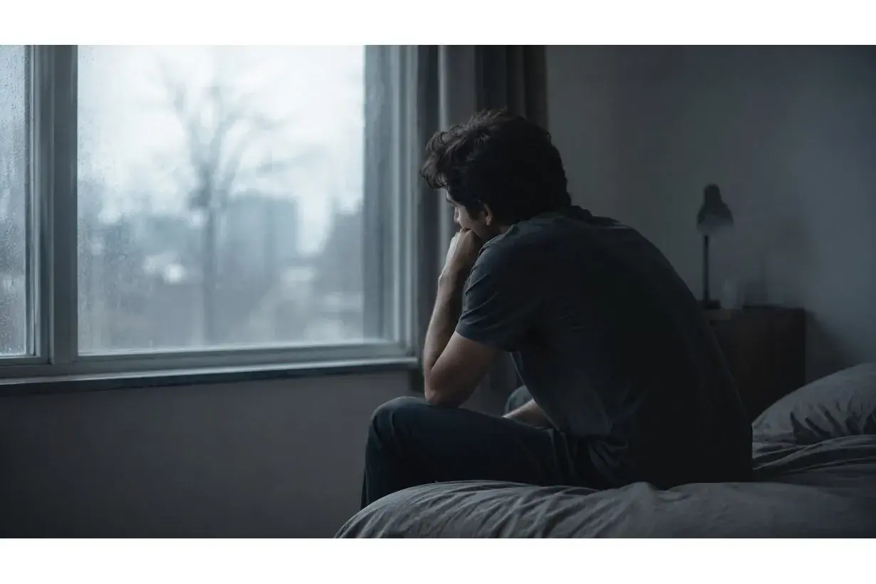 Uomo seduto sul letto, pensieroso, guarda fuori dalla finestra. Potrebbe essere un sintomo di depressione.
