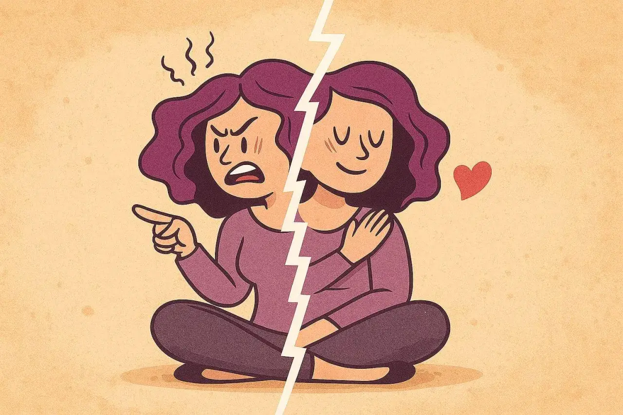 Una persona divisa: da un lato arrabbiata e puntata, dall'altro serena e abbracciata. A volte, il dialogo interiore, il parlare da soli, mostra queste due facce.