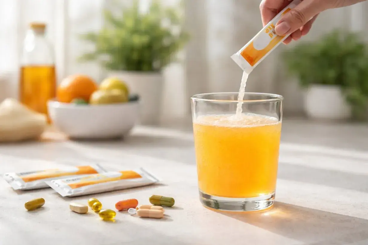 Un integratore in polvere viene versato in un bicchiere di succo arancione, con pillole e bustine sparse. Un modo per aumentare la dopamina.