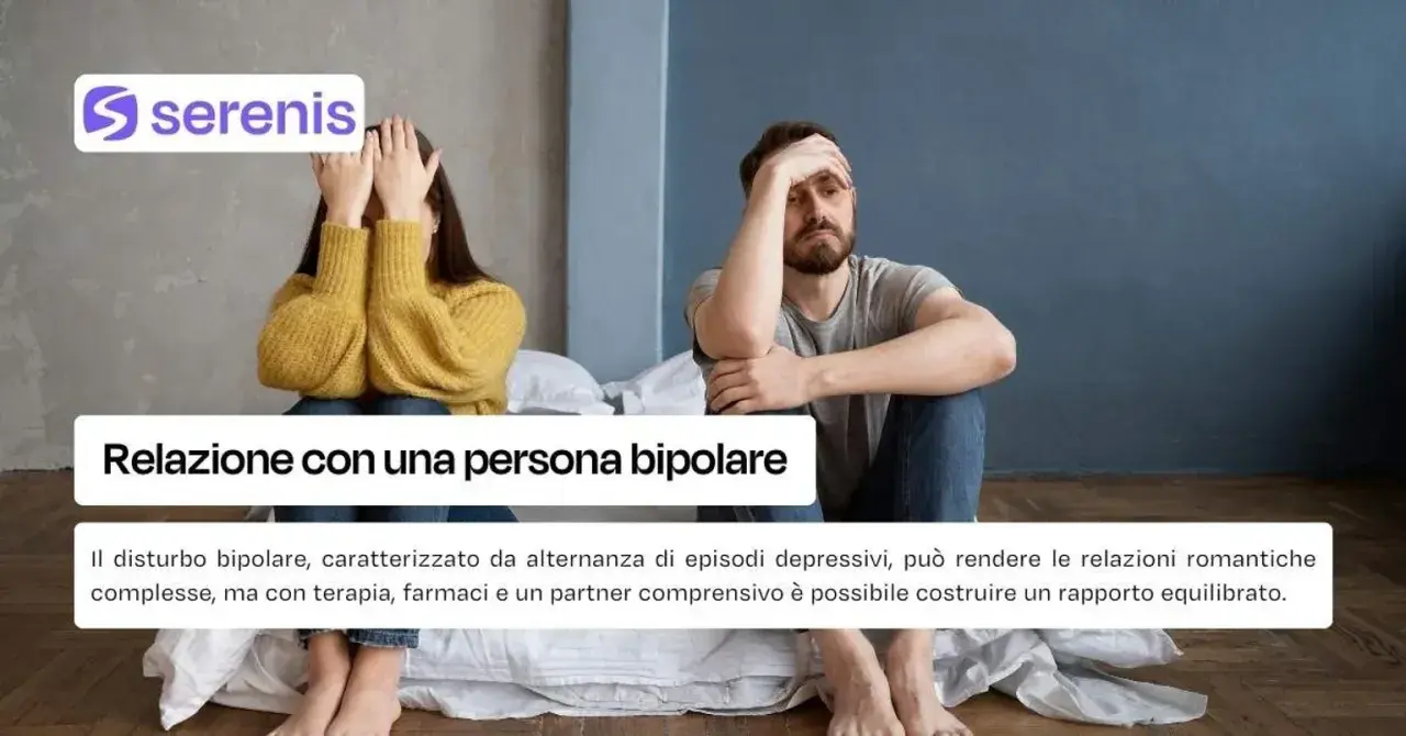 Coppia seduta a letto, uno copre il viso, l'altro con la mano sulla fronte. Immagine su come comportarsi con una persona bipolare.