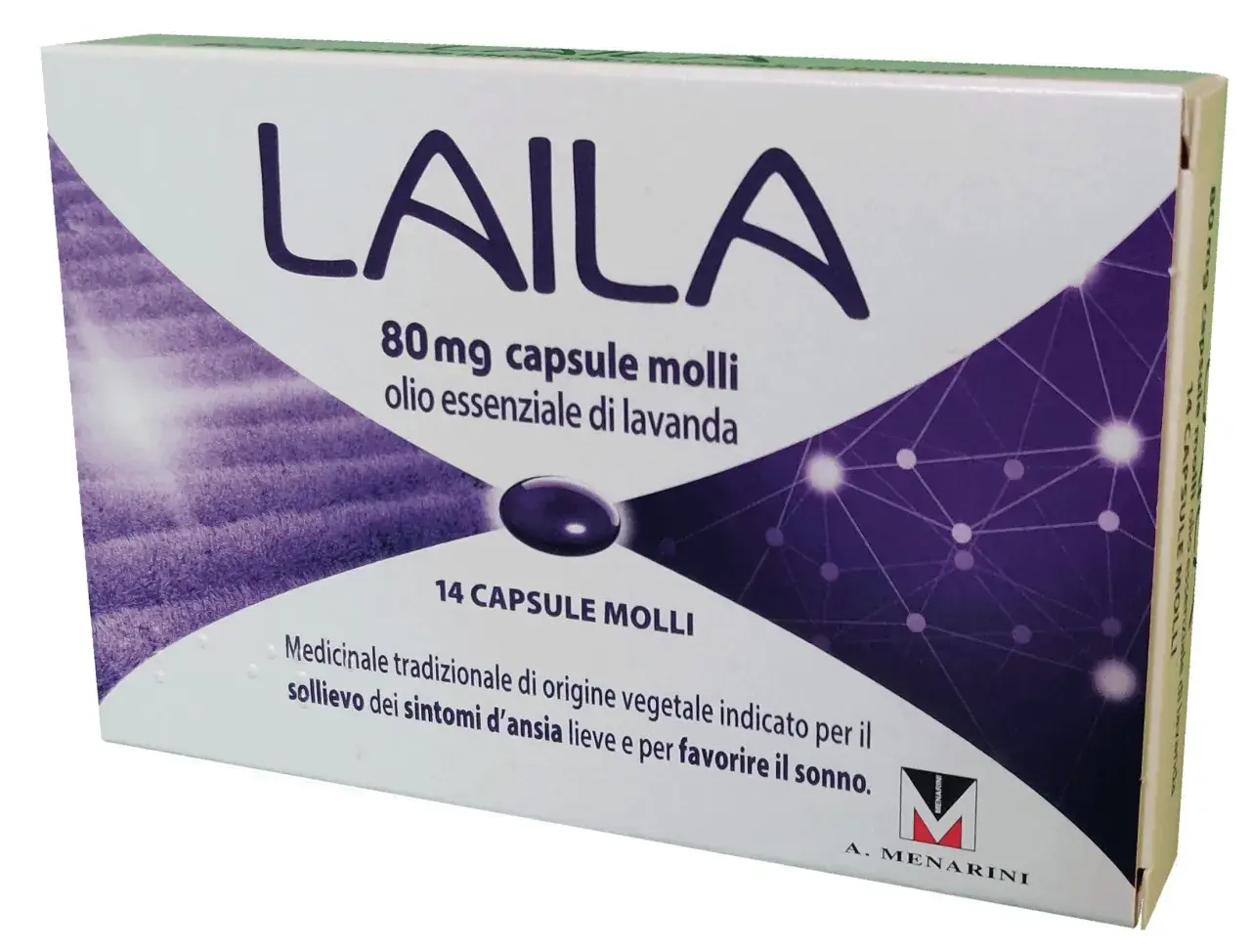 Confezione di LAILA, 14 capsule molli all'olio di lavanda, per il sollievo dai sintomi d'ansia lieve. Nuovi farmaci per l'ansia.