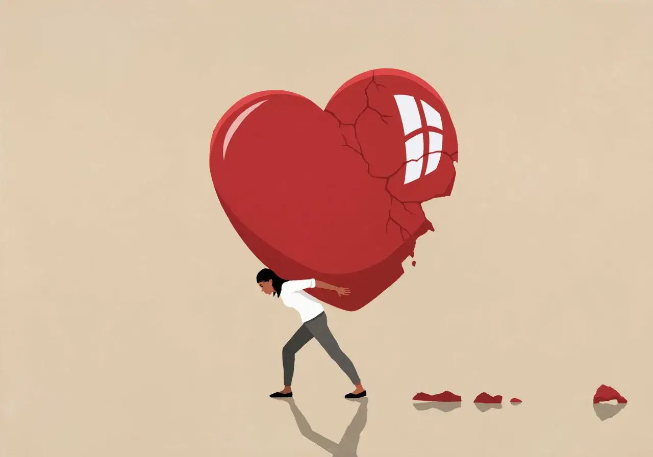 Donna porta un cuore rosso spezzato, simbolo di come superare una delusione. Frammenti cadono dietro di lei.