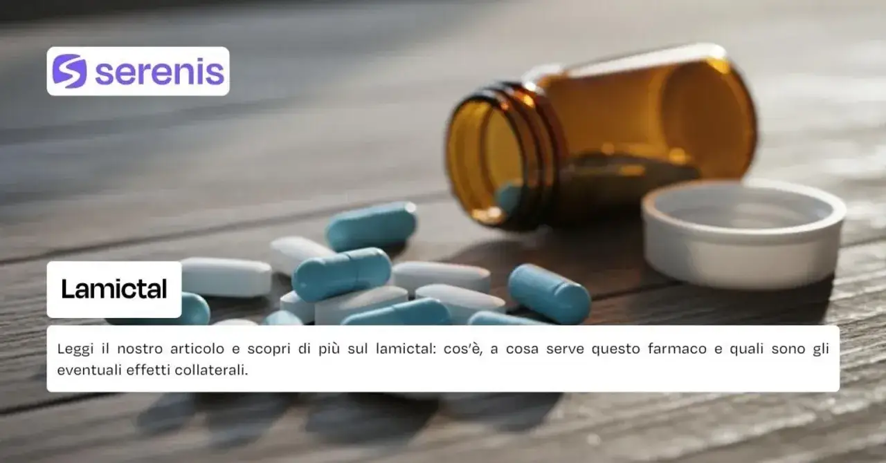 Lamictal: scopri a cosa serve questo farmaco. L'immagine mostra capsule e un flacone, con testo informativo.