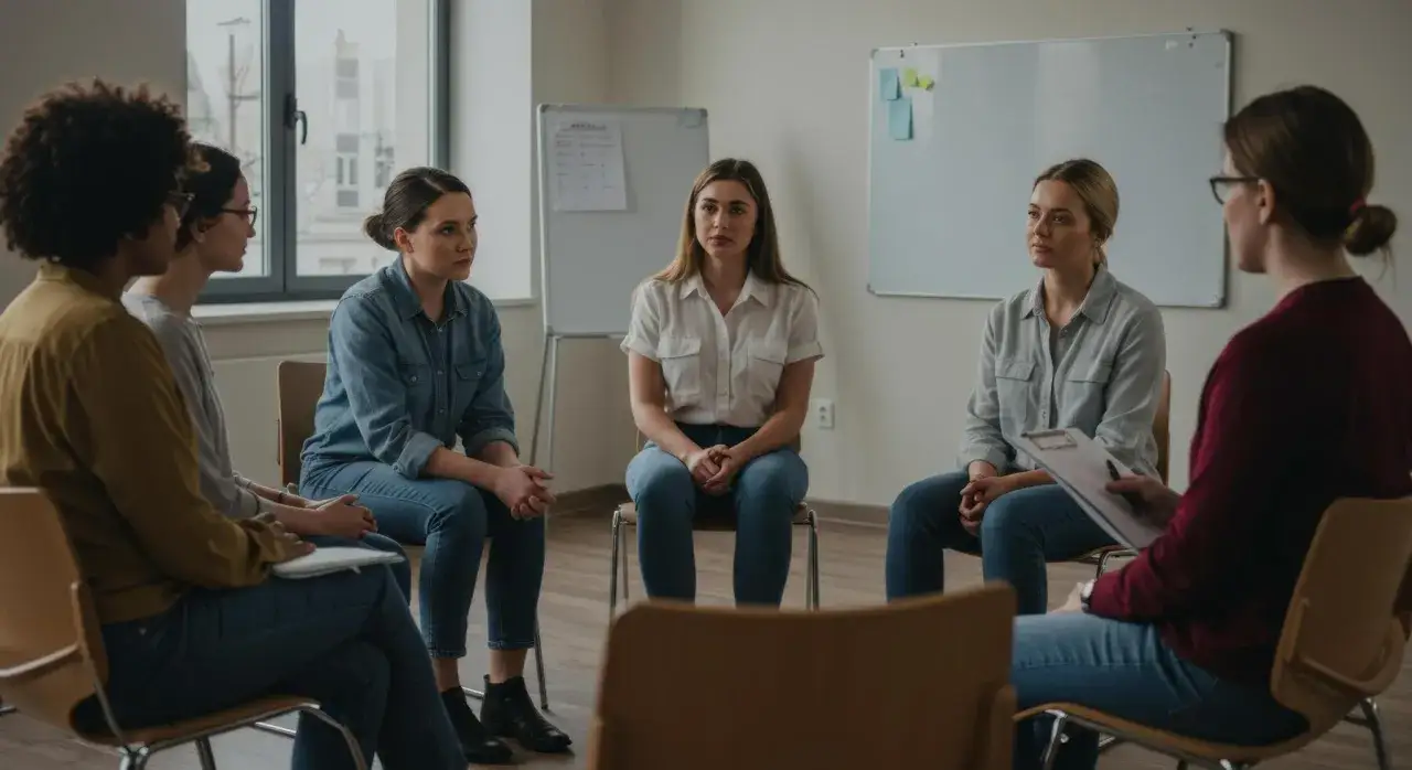 Un gruppo di donne in cerchio, in un ambiente che suggerisce un percorso per uscire dalla depressione, condivide esperienze e speranze.