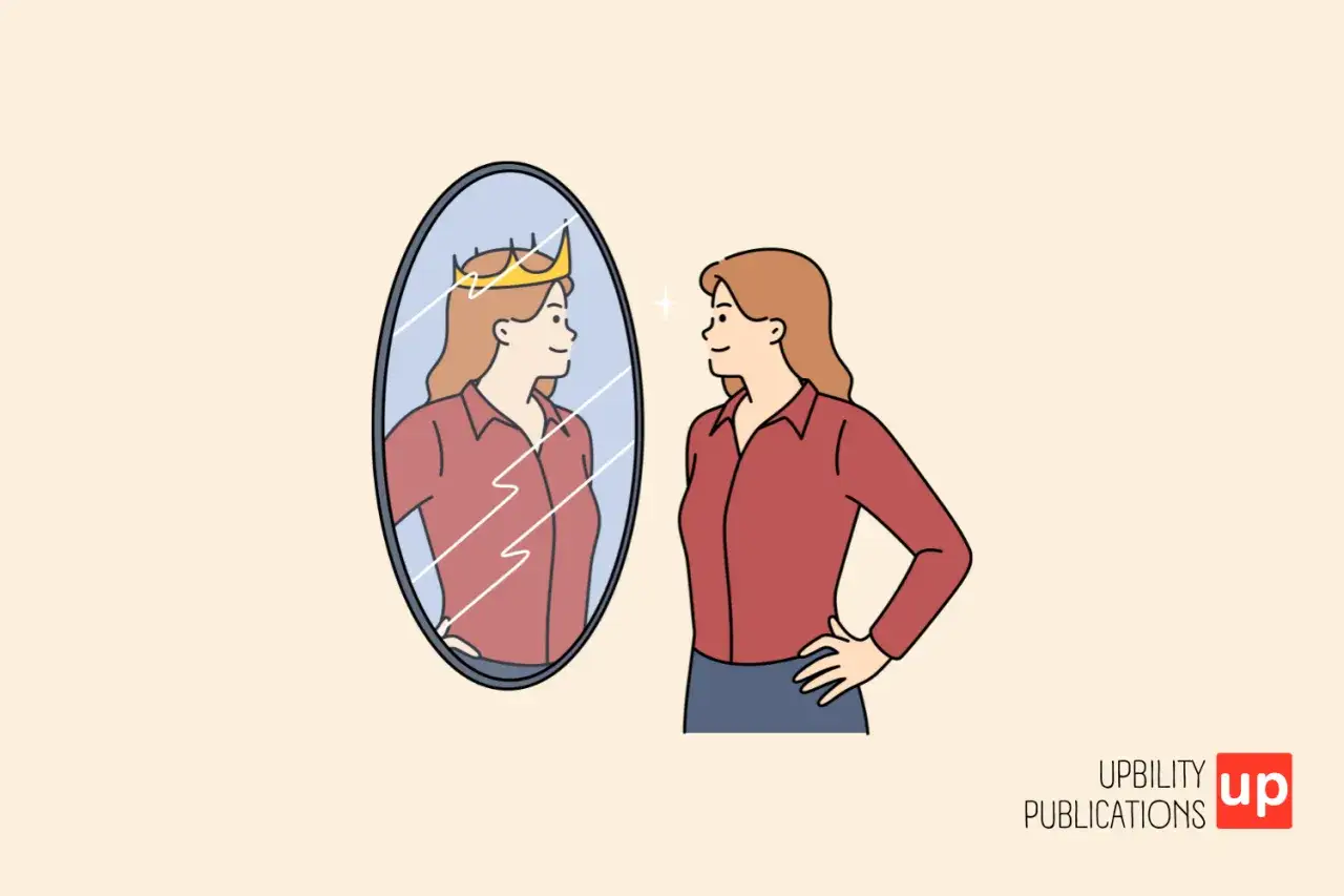 Donna si guarda allo specchio, vedendo una regina. Un'immagine che aiuta a capire come riconoscere un narcisista.
