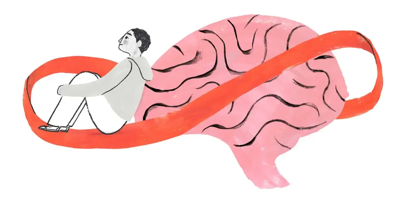 Un uomo seduto abbraccia le ginocchia, avvolto da un nastro rosso che circonda un cervello stilizzato. Simboleggia il disturbo di somatizzazione.