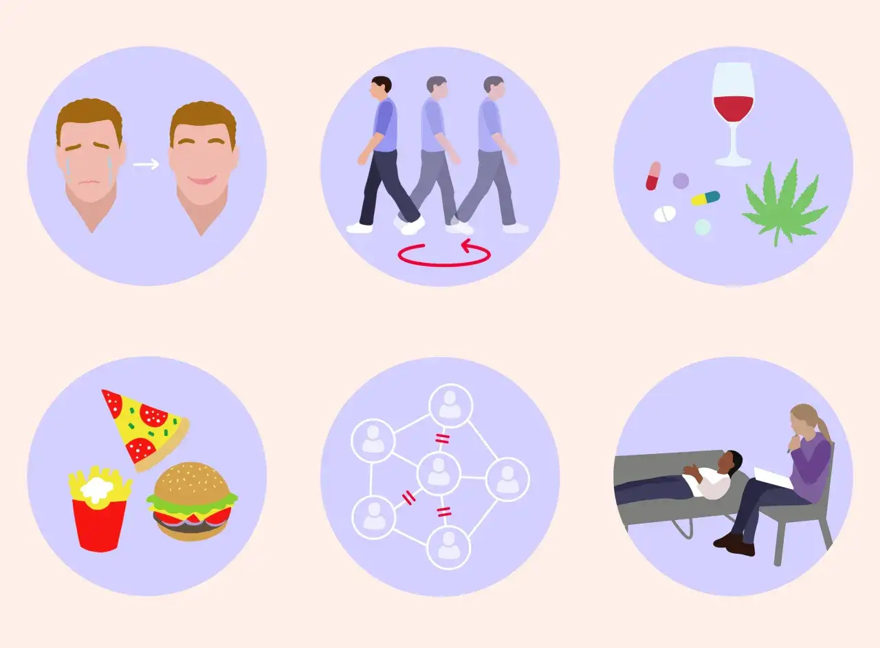 Illustrazione di sintomi di depressione borderline: sbalzi d'umore, dipendenze, isolamento sociale, terapia.