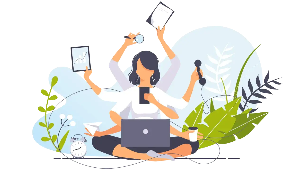 Donna con molte braccia cerca di gestire tutto: telefono, laptop, grafici, lente d'ingrandimento, caff&egrave;. Sto vivendo un periodo difficile.