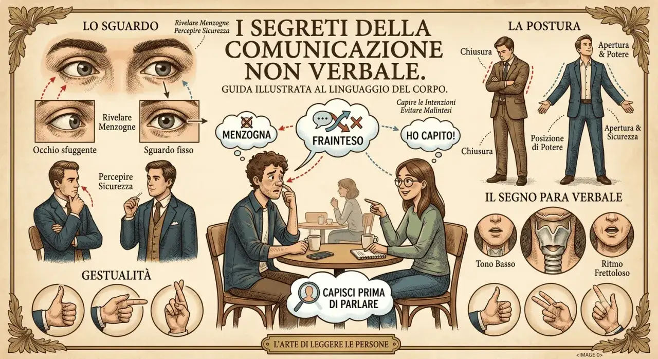 Illustrazione sui segreti della comunicazione non verbale: sguardi, postura, gestualit&agrave; e paraverbale. Evita la persona aggressiva verbalmente comprendendo il linguaggio del corpo.