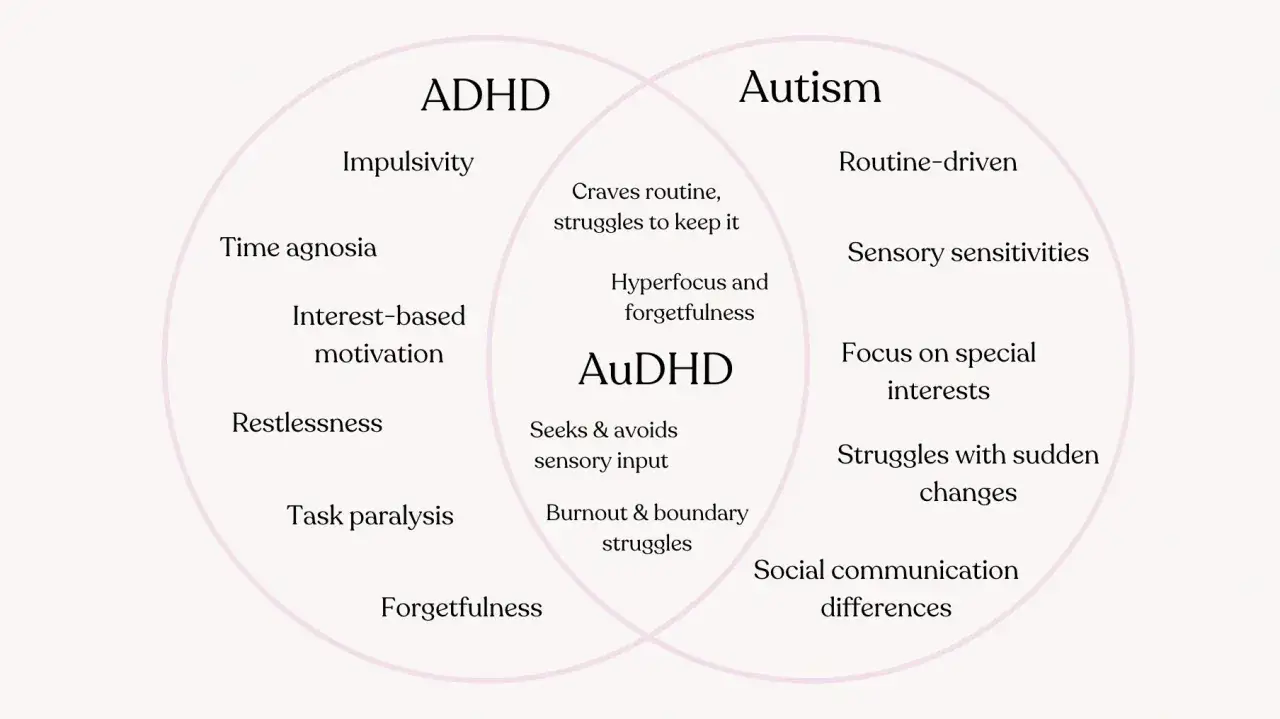 Diagramma di Venn che illustra le sovrapposizioni tra ADHD e Autismo, evidenziando caratteristiche comuni come l'iperfocus e la dimenticanza, e tratti specifici di ciascuno.