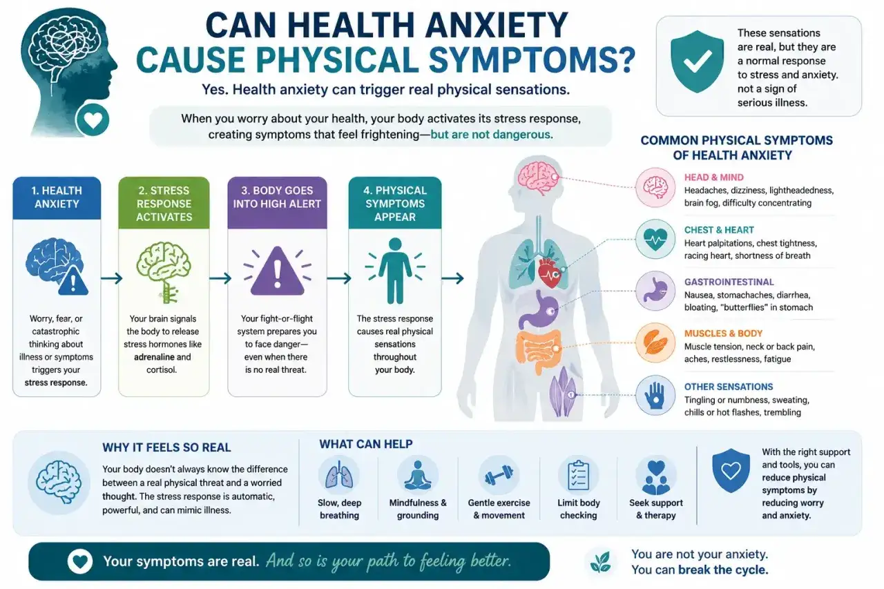 Il diagramma illustra come l'ansia per la salute possa causare sintomi fisici, inclusi formicolio alla testa, come parte della risposta allo stress.
