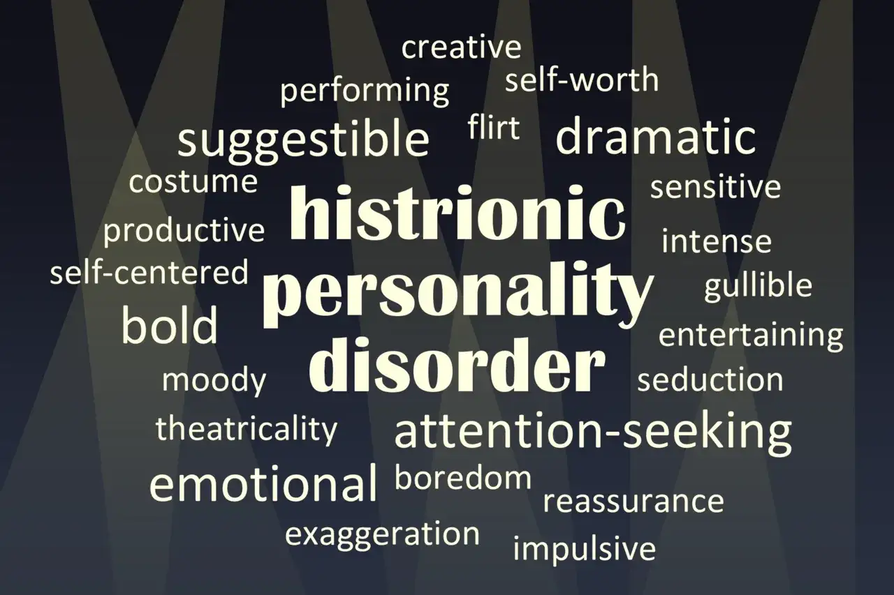 Parole chiave che descrivono il disturbo istrionico di personalità: drammatico, seducente, teatrale, emotivo, creativo, esagerato, ricerca di attenzione.