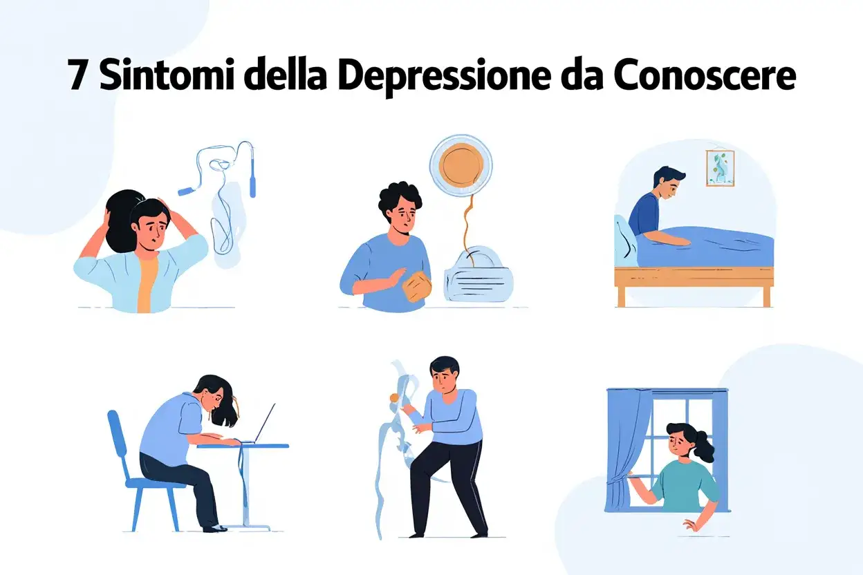 Illustrazioni che mostrano come capire se si è depressi: perdita di interesse, affaticamento, isolamento, difficoltà di concentrazione, tristezza, disturbi del sonno e apatia.