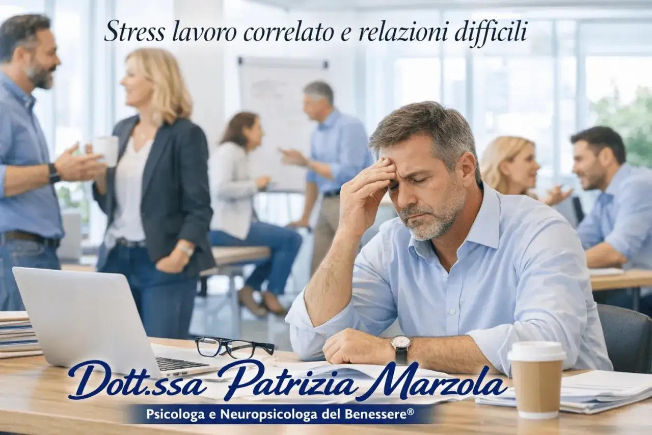 Uomo d'affari con la mano sulla fronte, simbolo di gestione dello stress lavorativo. Colleghi in sottofondo. Dott.ssa Patrizia Marzola, Psicologa.