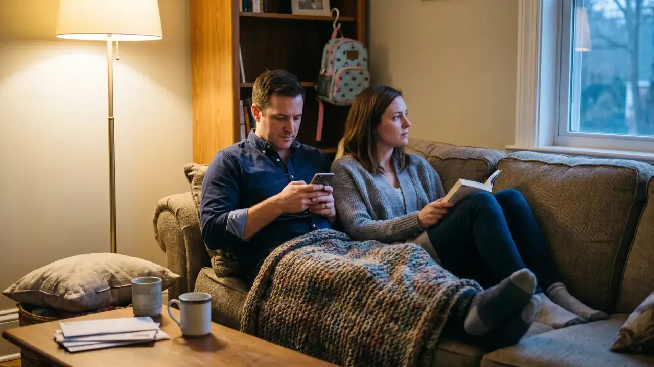 Coppia sul divano, lui al telefono, lei legge. La disconnessione digitale è ciò che rovina una relazione di coppia.