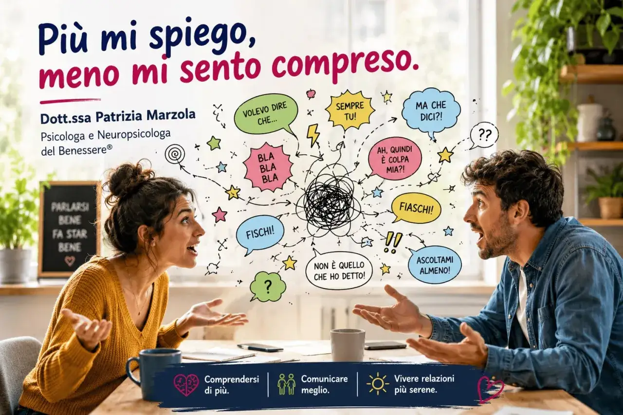 Coppia in discussione, con fumetti che mostrano incomprensioni. Impara come trattare le persone che non salutano, migliorando la comunicazione.