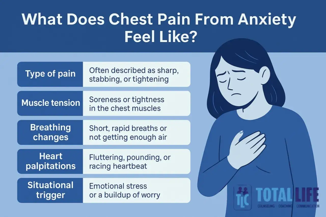 Dolore al petto da ansia: sensazione di bruciore, tensione muscolare, respiro corto, palpitazioni. Stress emotivo come causa.