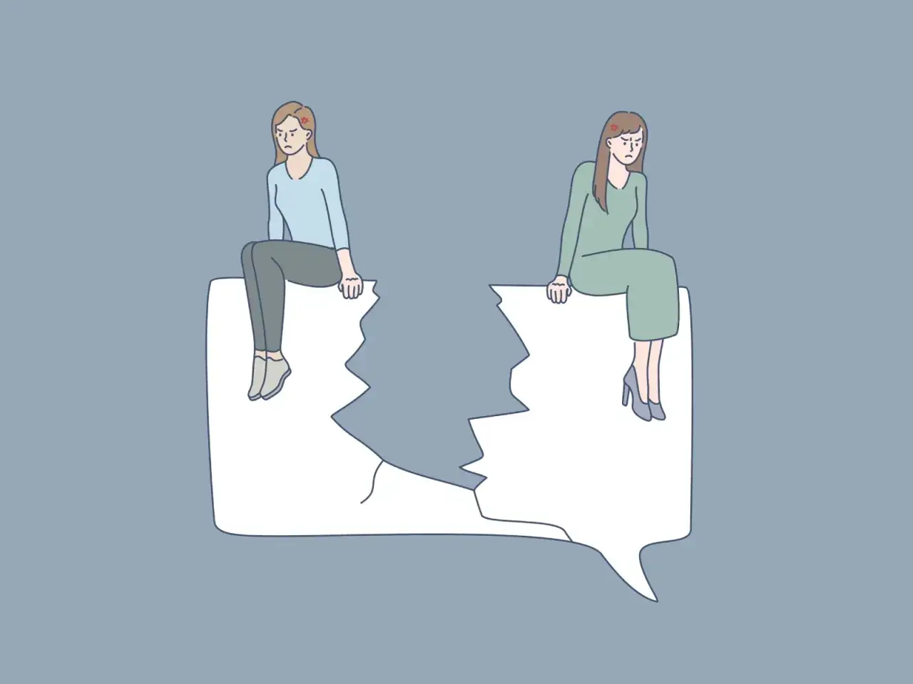 Due donne sedute su una nuvoletta spezzata, con espressioni arrabbiate. Un'immagine che rappresenta quando un'amicizia finisce.